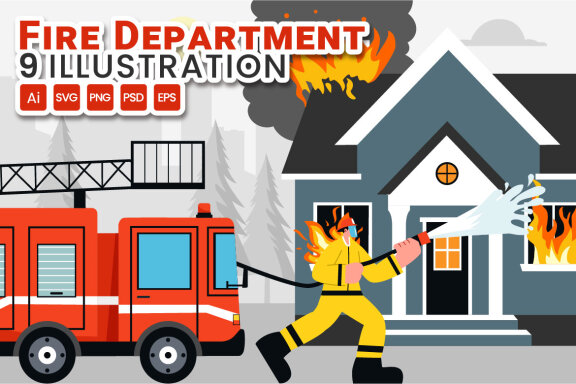 9 Fire Department or Firefighter Illustration