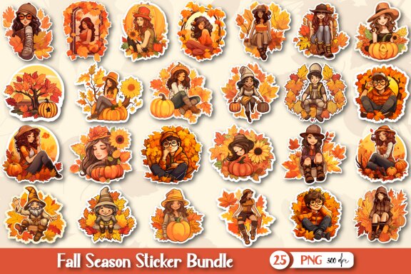 Fall Autumn Stickers with Cute Character Bundle