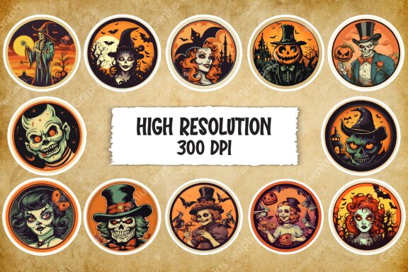 Retro Halloween Round Stickers Bundle