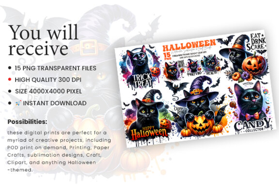Watercolor Halloween Sublimation Black Cat Clipart Craft PNG
