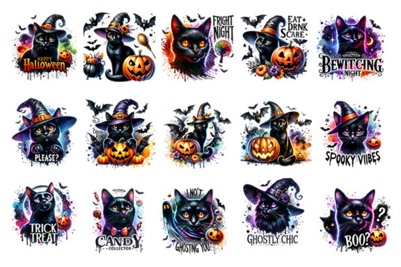 Watercolor Halloween Sublimation Black Cat Clipart Craft PNG