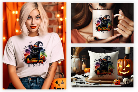 Watercolor Halloween Sublimation Black Cat Clipart Craft PNG
