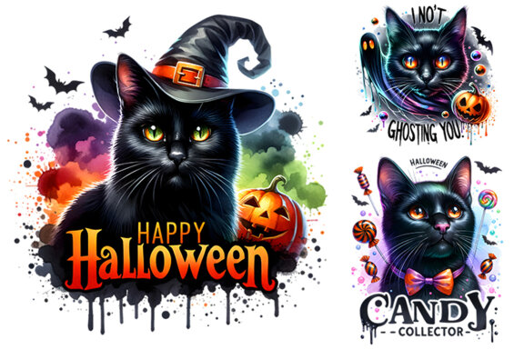 Watercolor Halloween Sublimation Black Cat Clipart Craft PNG
