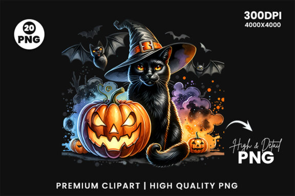 Watercolor Halloween Sublimation Black Cat Clipart Craft PNG