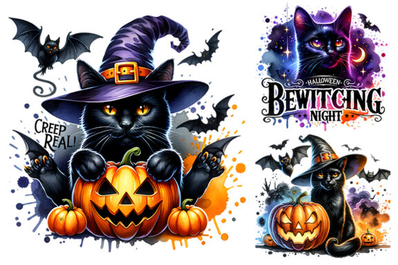 Watercolor Halloween Sublimation Black Cat Clipart Craft PNG