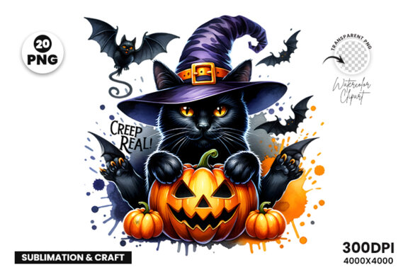 Watercolor Halloween Sublimation Black Cat Clipart Craft PNG