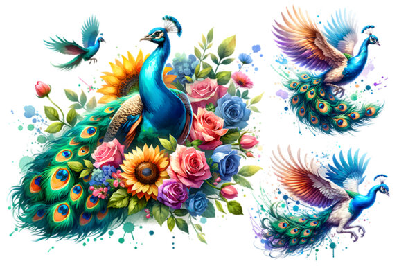 Watercolor Peacock Sublimation Clipart PNG Craft Bundle