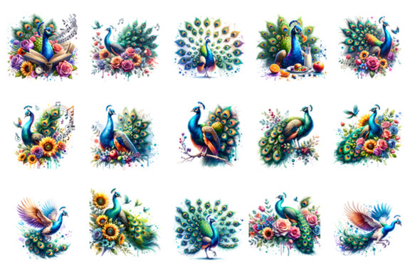 Watercolor Peacock Sublimation Clipart PNG Craft Bundle