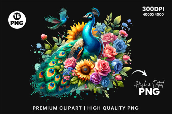 Watercolor Peacock Sublimation Clipart PNG Craft Bundle