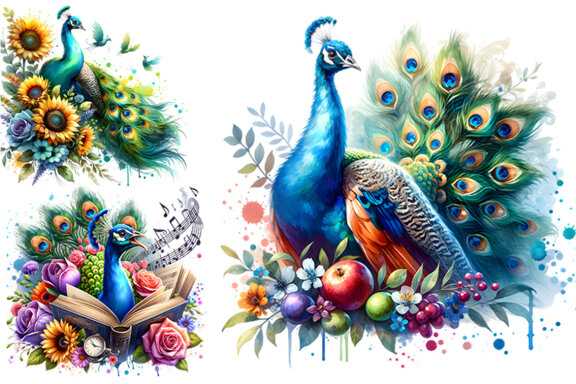 Watercolor Peacock Sublimation Clipart PNG Craft Bundle