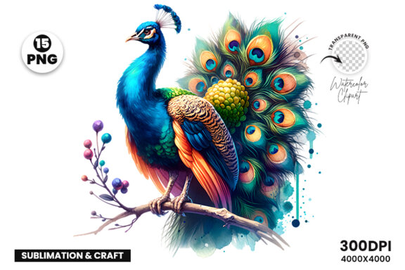 Watercolor Peacock Sublimation Clipart PNG Craft Bundle