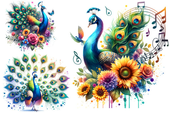 Watercolor Peacock Sublimation Clipart PNG Craft Bundle