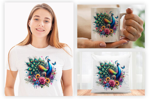 Watercolor Peacock Sublimation Clipart PNG Craft Bundle