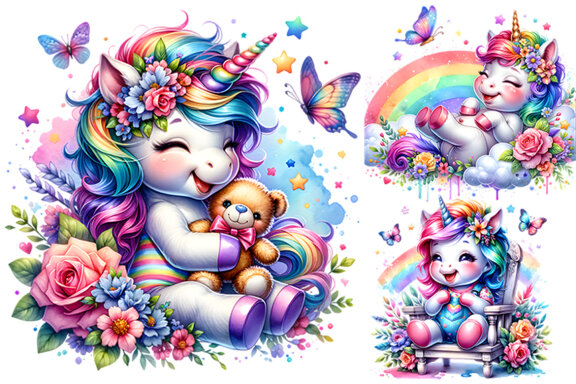 Watercolor Unicorn Sublimation Clipart PNG Craft Bundle