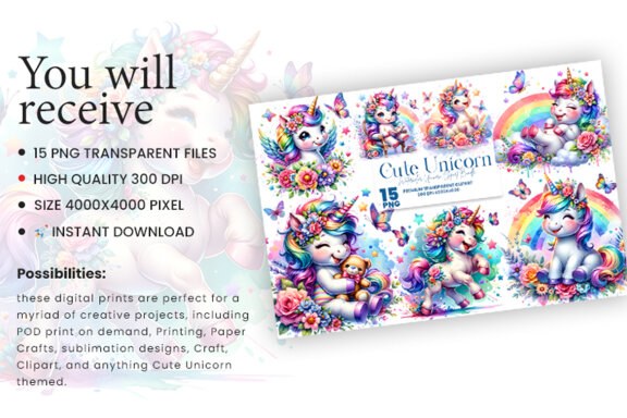 Watercolor Unicorn Sublimation Clipart PNG Craft Bundle