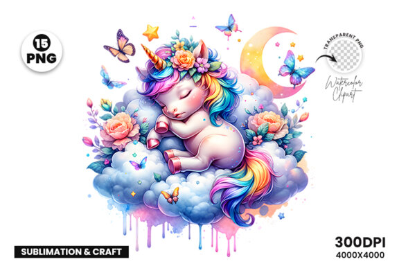 Watercolor Unicorn Sublimation Clipart PNG Craft Bundle