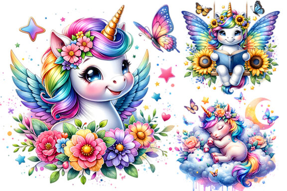 Watercolor Unicorn Sublimation Clipart PNG Craft Bundle