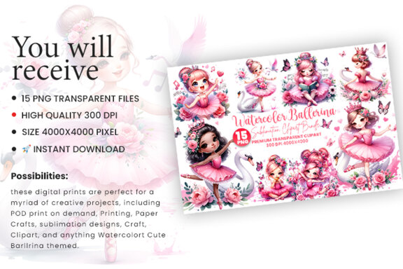 Watercolor Cute Ballerina Sublimation Clipart PNG Bundle