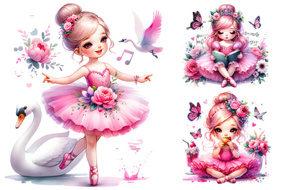 Watercolor Cute Ballerina Sublimation Clipart PNG Bundle