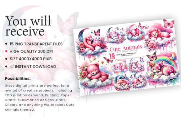 Watercolor Pink Cute Animals Sublimation Clipart PNG Bundle