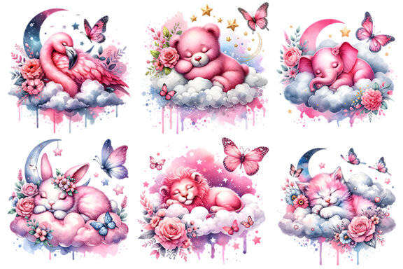 Watercolor Pink Cute Animals Sublimation Clipart PNG Bundle