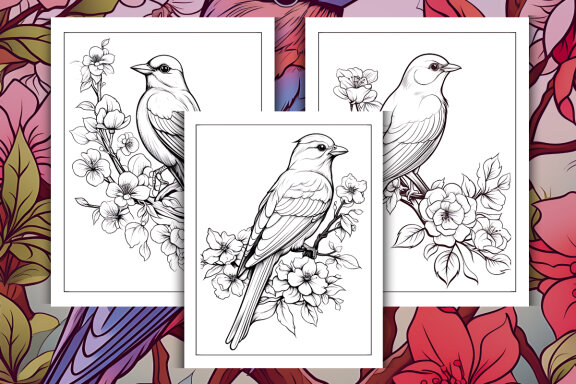 Bird and Flowers Coloring Pages for KDP