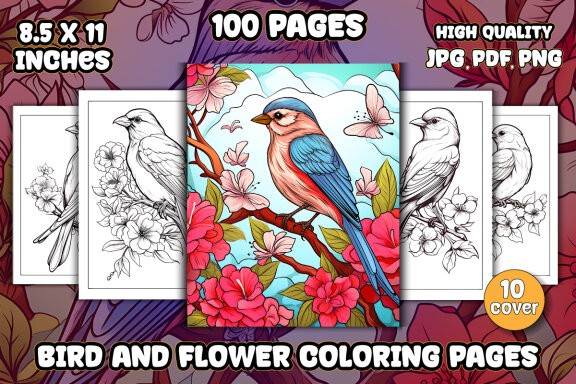 Bird and Flowers Coloring Pages for KDP