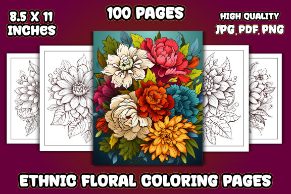 Ethnic Floral Coloring Pages for KDP