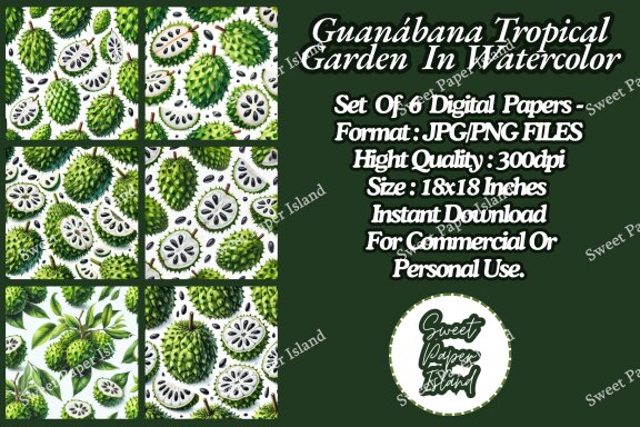 Pack Of 6 Digital Papers - Guanabana Tropical Garden In Watercolor