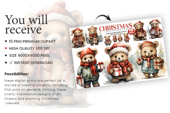 Watercolor Christmas Bear Clipart PNG Bundle