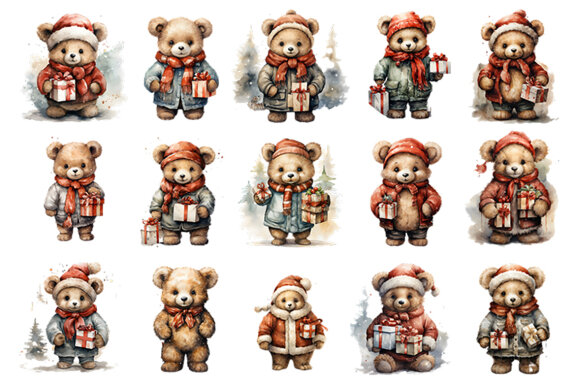 Watercolor Christmas Bear Clipart PNG Bundle