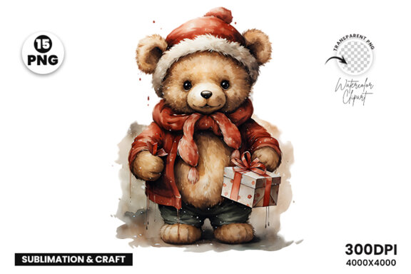 Watercolor Christmas Bear Clipart PNG Bundle