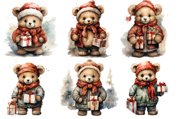 Watercolor Christmas Bear Clipart PNG Bundle