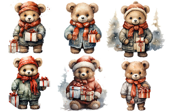 Watercolor Christmas Bear Clipart PNG Bundle