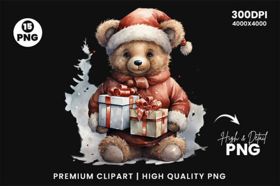 Watercolor Christmas Bear Clipart PNG Bundle