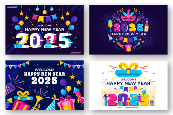 12 Happy New Year 2025 FREE Illustrations