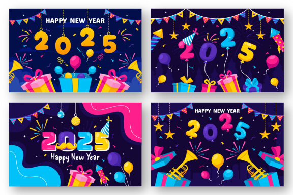 12 Happy New Year 2025 FREE Illustrations