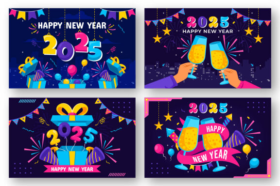 12 Happy New Year 2025 FREE Illustrations