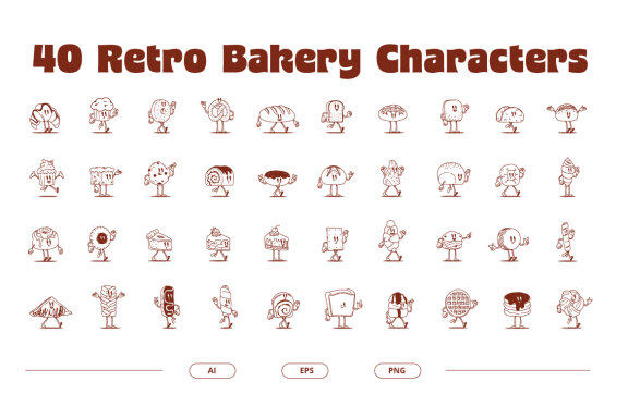 40 Retro Bakery Characters Vector Illustrations 