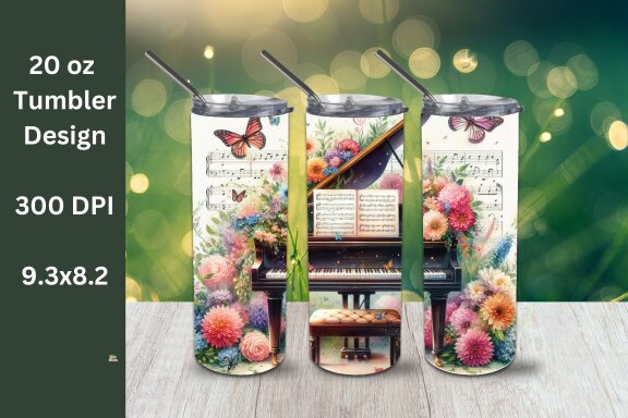 Piano, sheet music, flowers music 20 oz in a wrapper glass