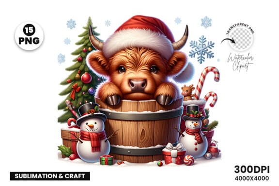 Christmas Highland Cow Sublimation Clipart PNG Bundle