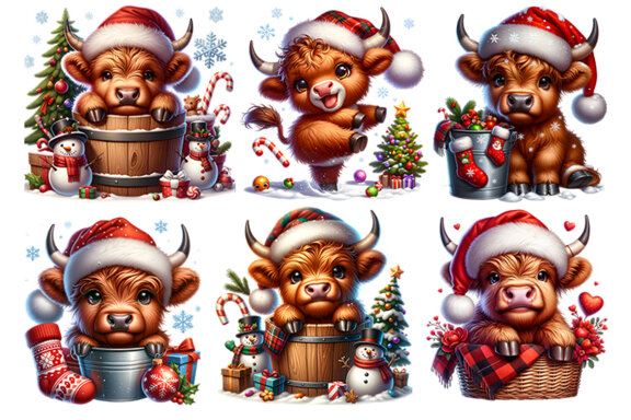 Christmas Highland Cow Sublimation Clipart PNG Bundle