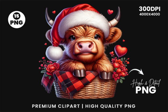 Christmas Highland Cow Sublimation Clipart PNG Bundle