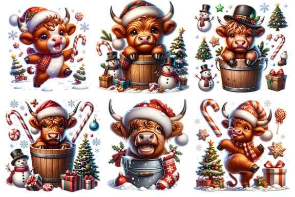 Christmas Highland Cow Sublimation Clipart PNG Bundle
