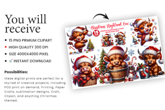 Christmas Highland Cow Sublimation Clipart PNG Bundle