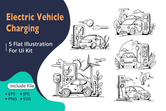 Flat Illustration of an Electric Vehicle Charging Station