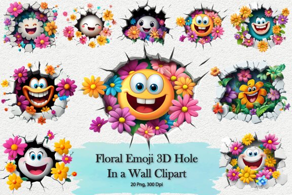 Floral Emoji 3D Hole Clipart Bundle