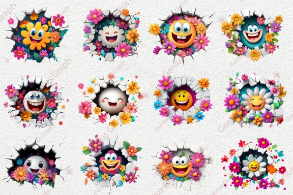 Floral Emoji 3D Hole Clipart Bundle