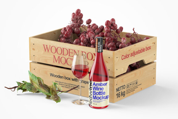 Wooden crate with grape and wine bottle mockup