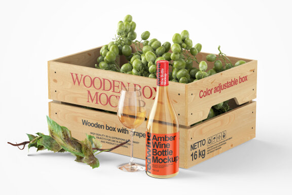 Wooden crate with grape and wine bottle mockup